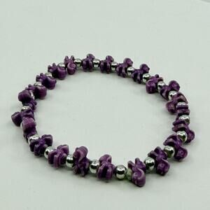 Purple Animal Bead Bracelet Silver Tone Accents Stretch Bohemian Stack Fun Gift